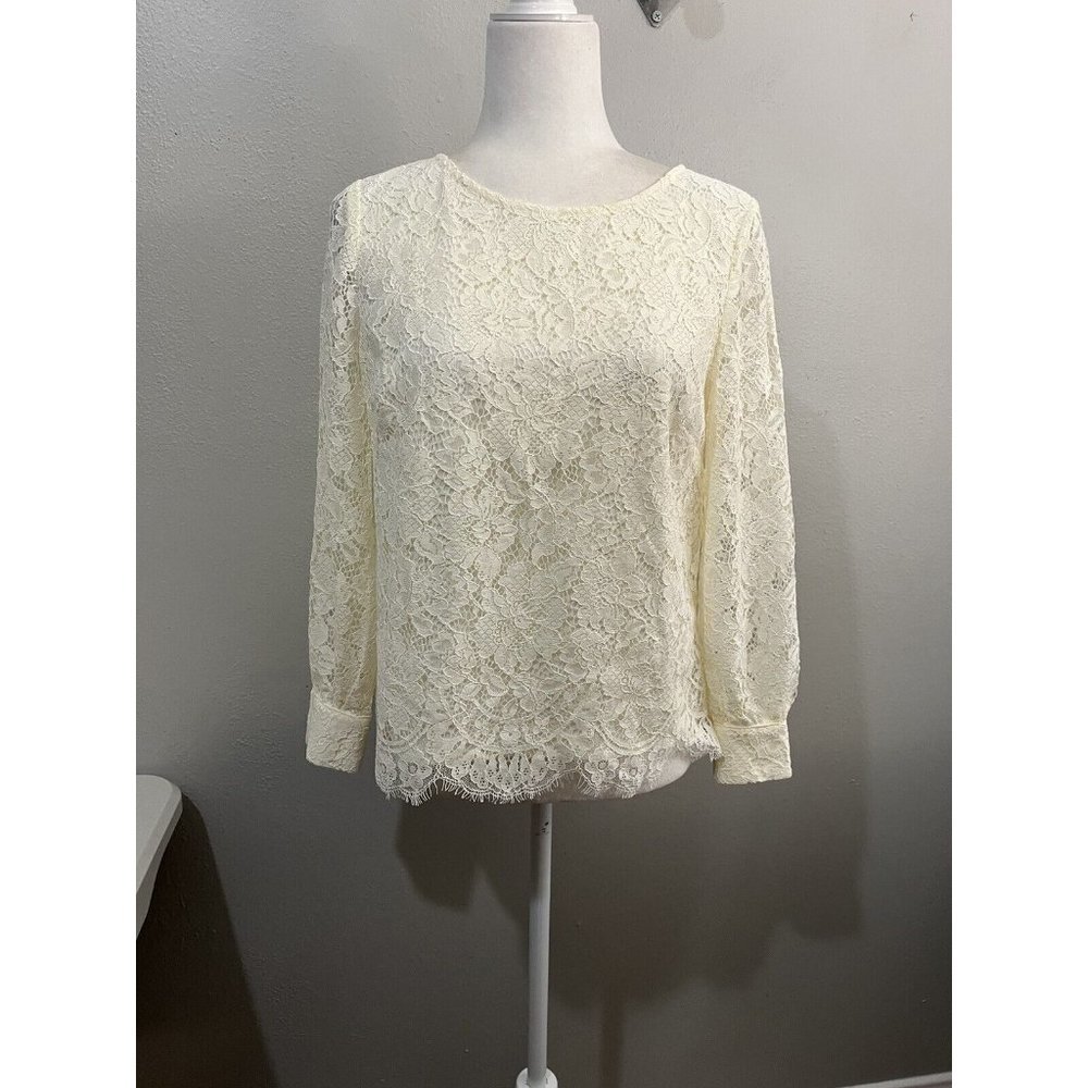 rsvp by talbots Blouse Women Small Petite Lace Beige Longsleeve Pearl Buttons